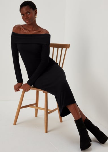 Black Ribbed Bardot Dress