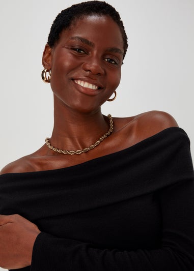 Black Ribbed Bardot Dress