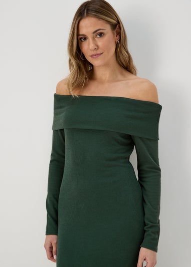 Khaki Ribbed Bardot Dress