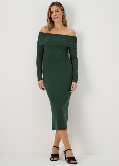 Khaki Ribbed Bardot Dress