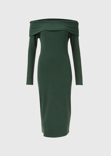 Khaki Ribbed Bardot Dress
