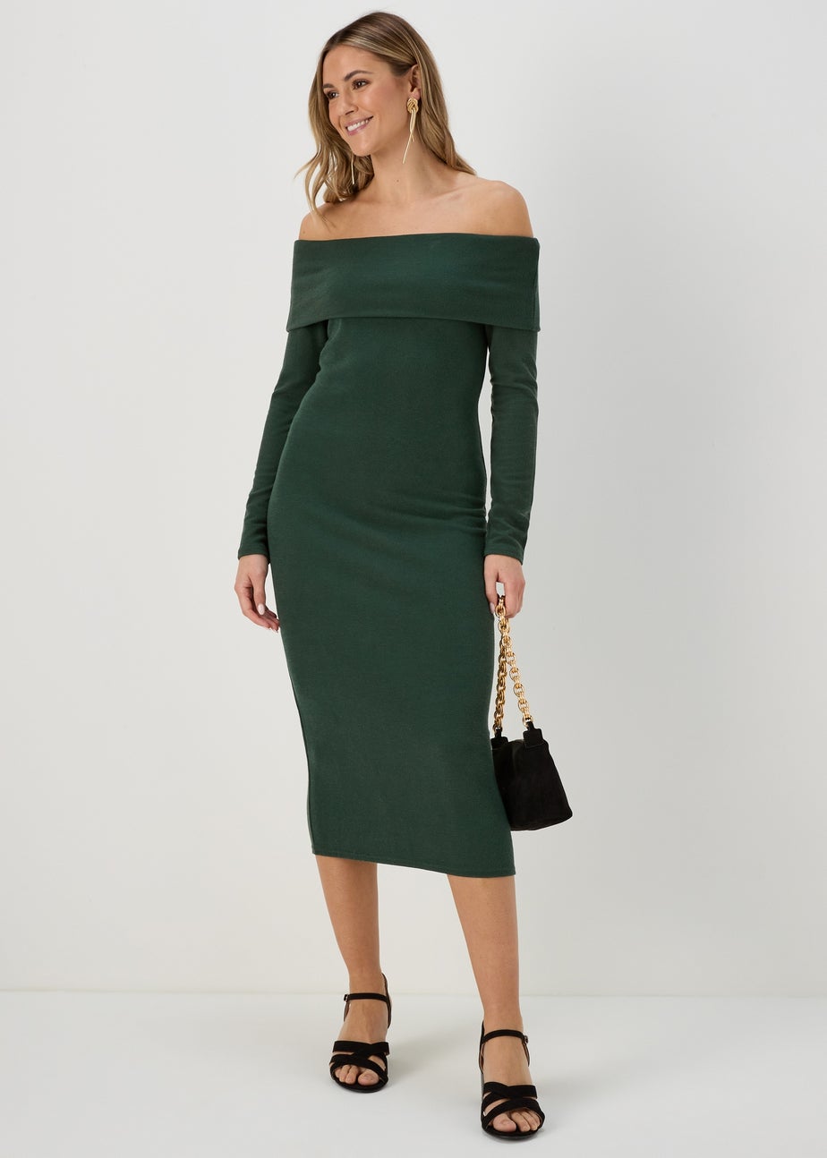 Khaki Ribbed Bardot Dress