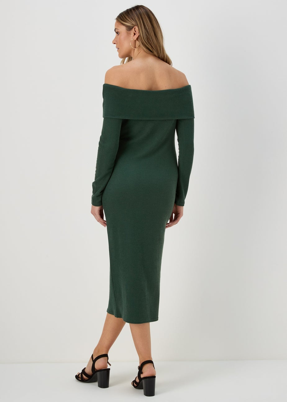 Khaki Ribbed Bardot Dress