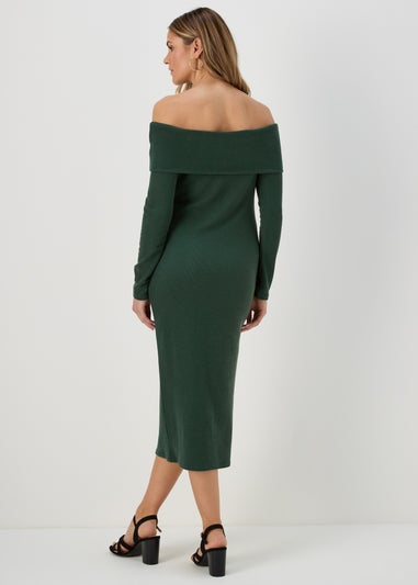 Khaki Ribbed Bardot Dress
