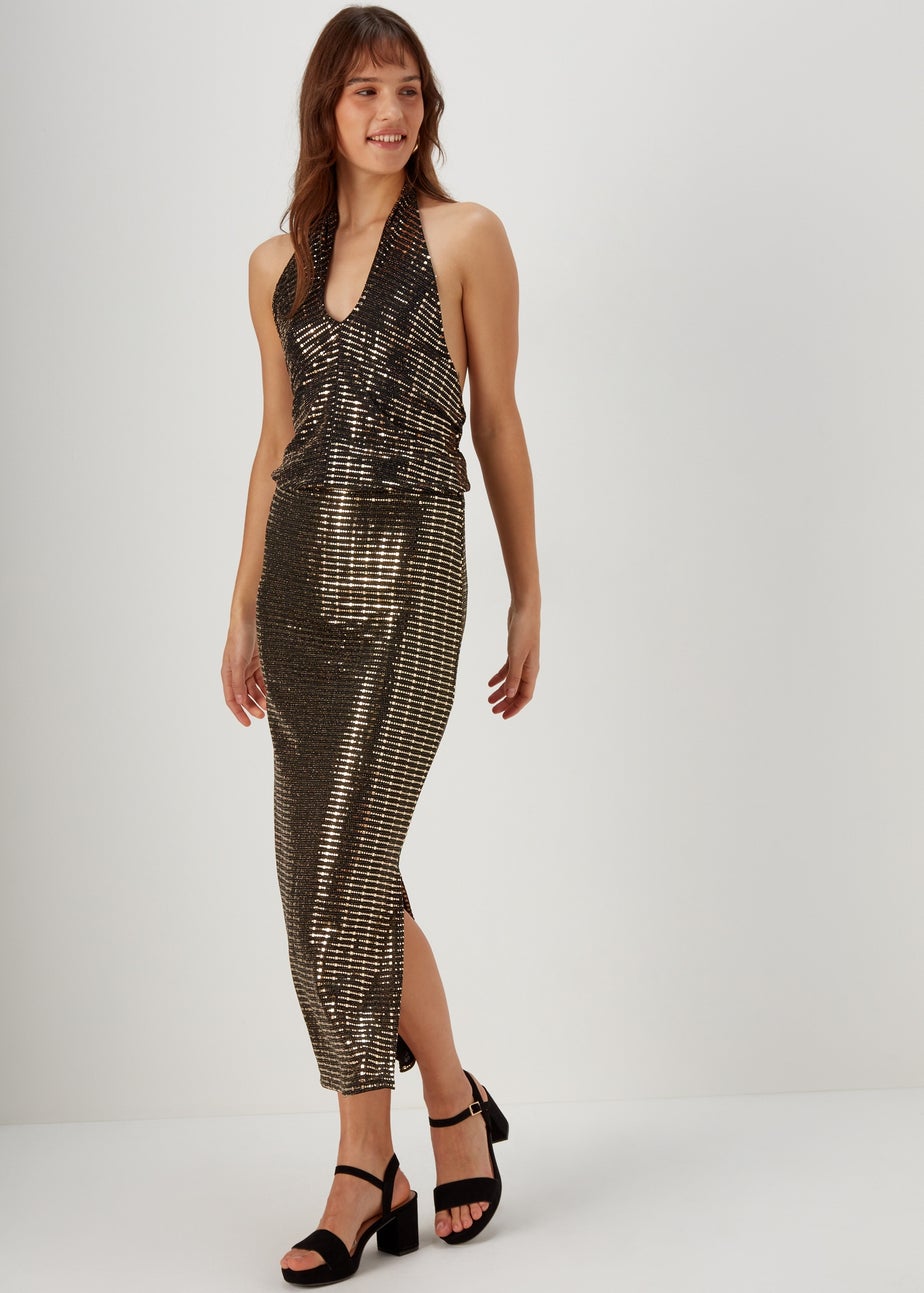 Et Vous Black & Gold Sequin Midi Skirt