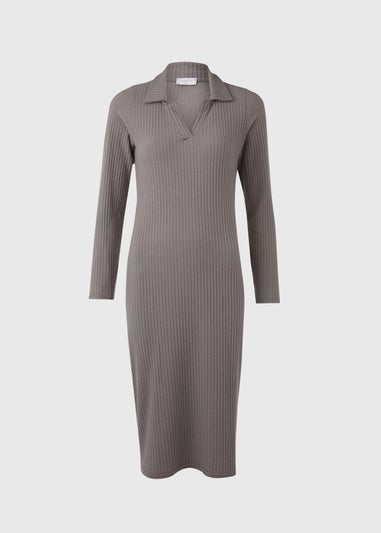 Grey Knitted Collared Midi Dress
