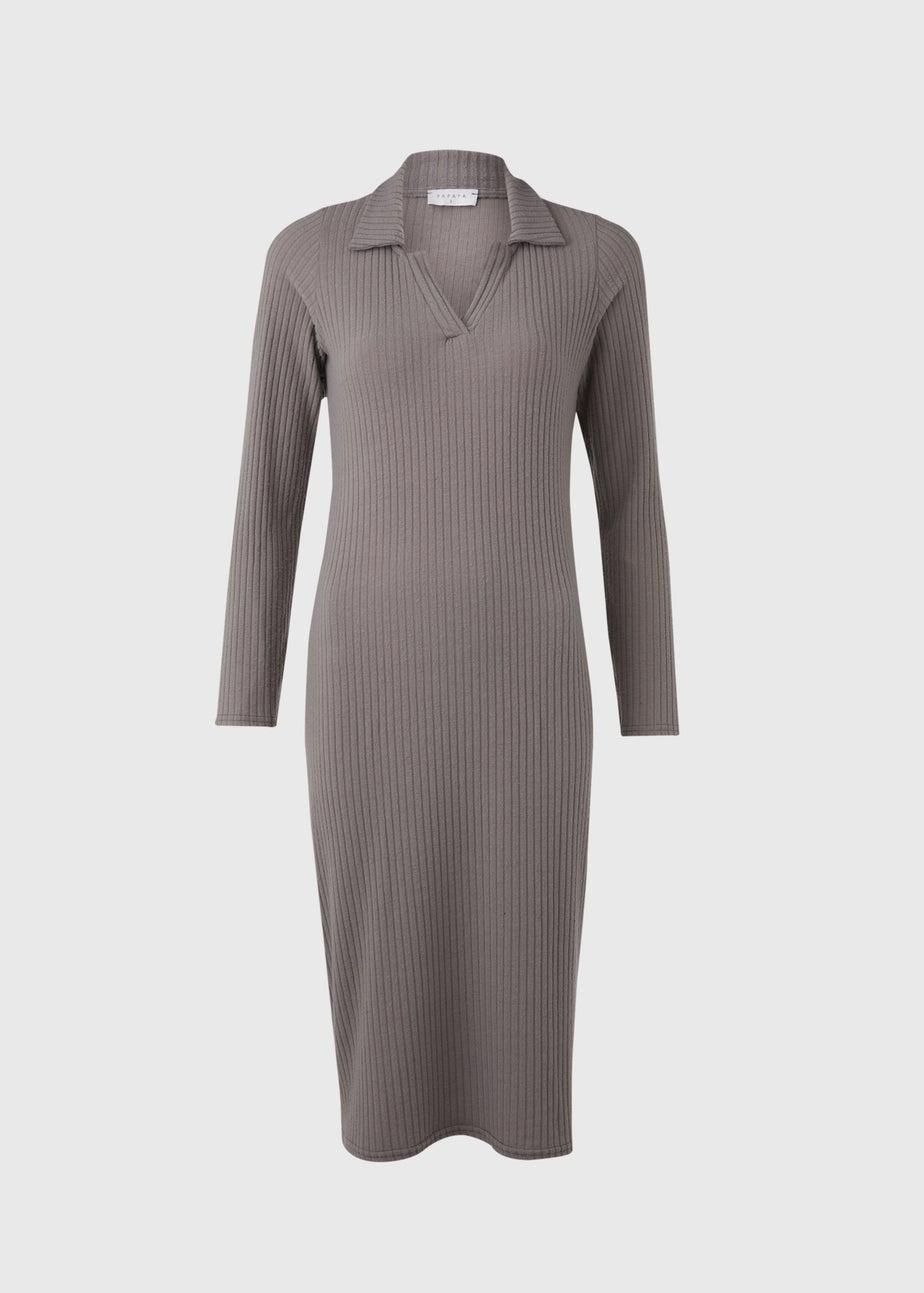 Grey Knitted Collared Midi Dress