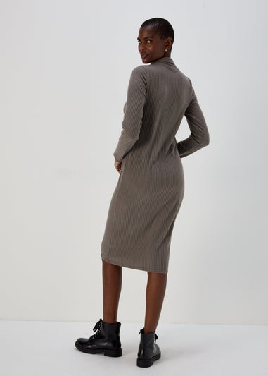 Grey Knitted Collared Midi Dress