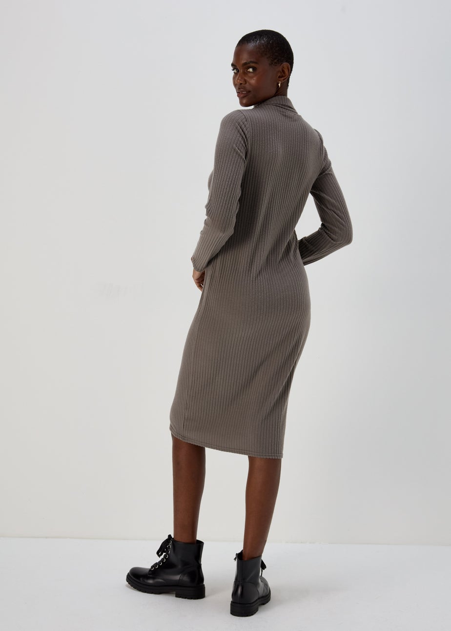 Grey Knitted Collared Midi Dress