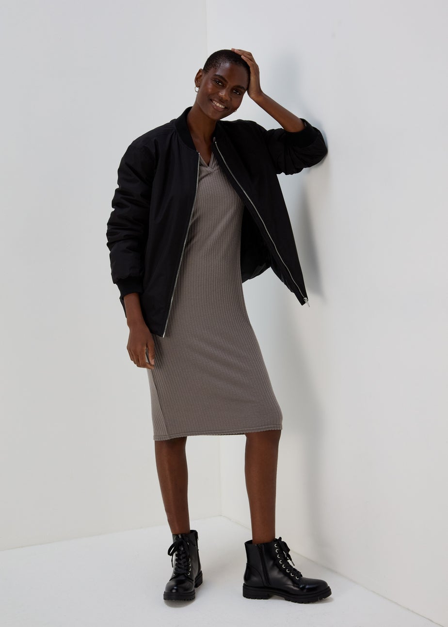 Grey Knitted Collared Midi Dress