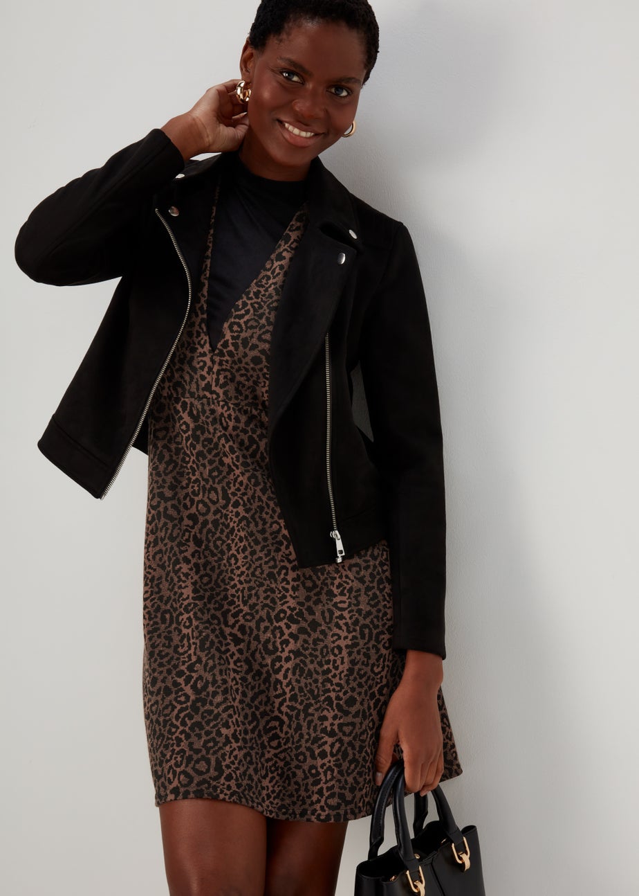 Black Leopard Print Pinafore Dress