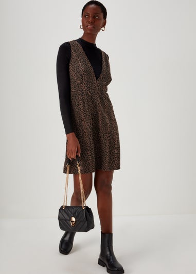 Black Leopard Print Pinafore Dress