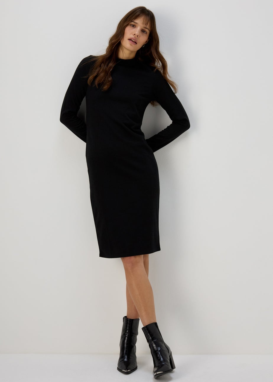 Black Textured High Neck Midi Dress