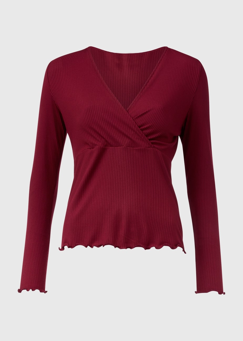 Burgundy Ribbed Wrap Top