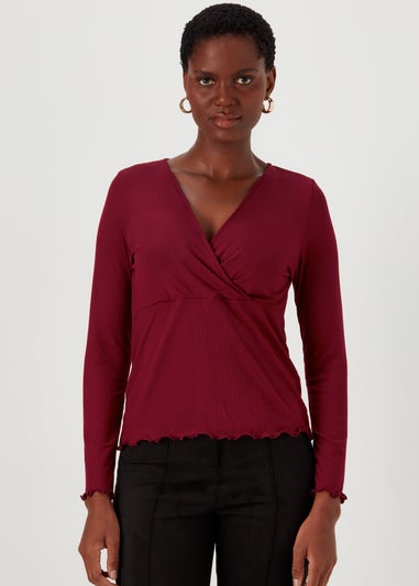 Burgundy Ribbed Wrap Top