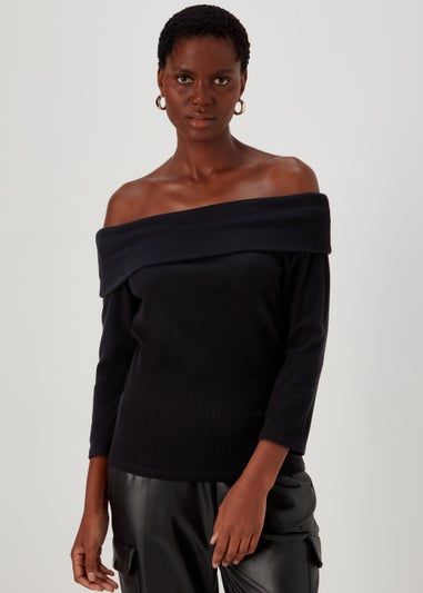 Black Bardot Ribbed Top