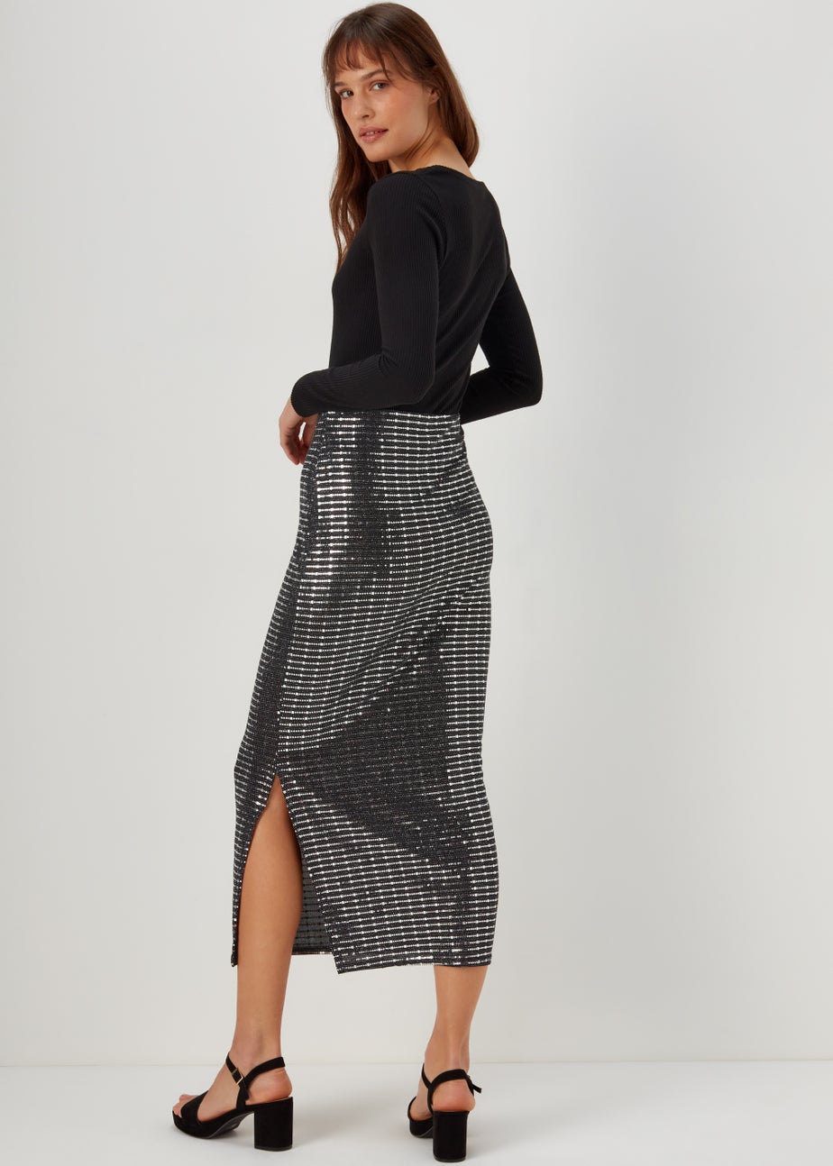 Silver Sequin Midi Skirt