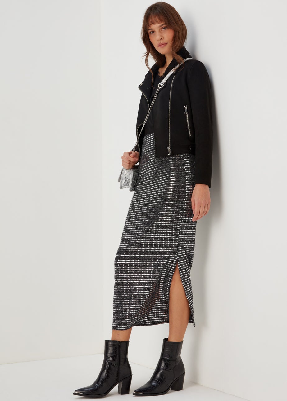 Silver Sequin Midi Skirt
