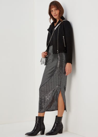 Silver Sequin Midi Skirt