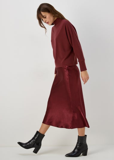 Burgundy Satin Midi Skirt