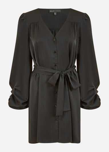 Mela Balloon Sleeve Shirt Dress In Black
