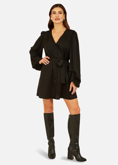 Mela Balloon Sleeve Shirt Dress In Black