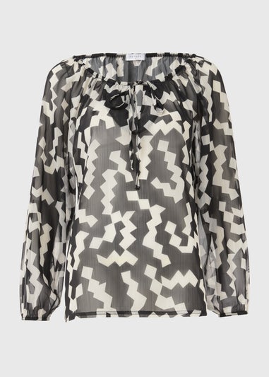 Black & White Lurex Neck Tie Blouse