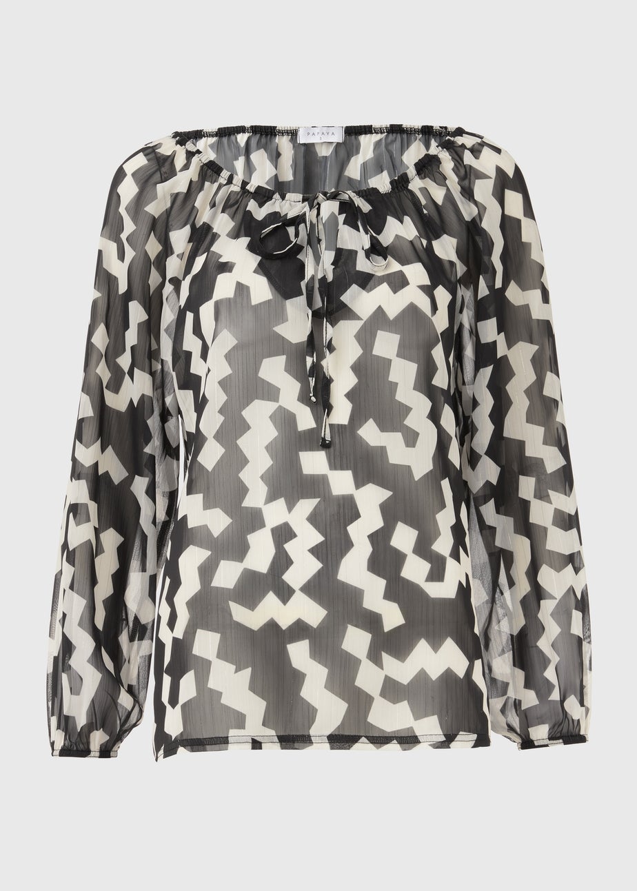 Black & White Lurex Neck Tie Blouse