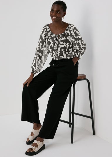 Black & White Lurex Neck Tie Blouse