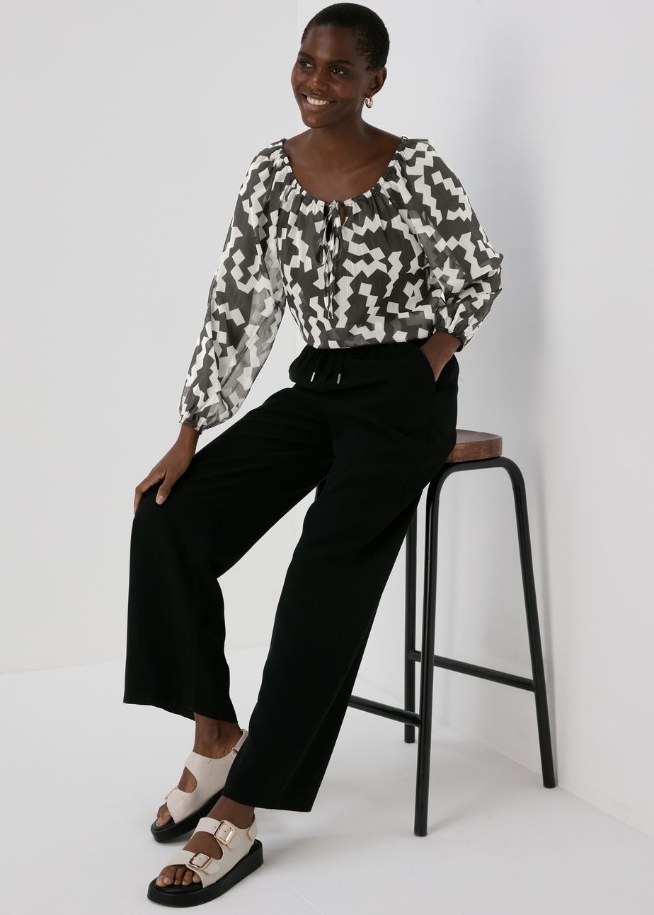 Black & White Lurex Neck Tie Blouse
