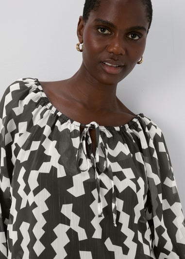 Black & White Lurex Neck Tie Blouse