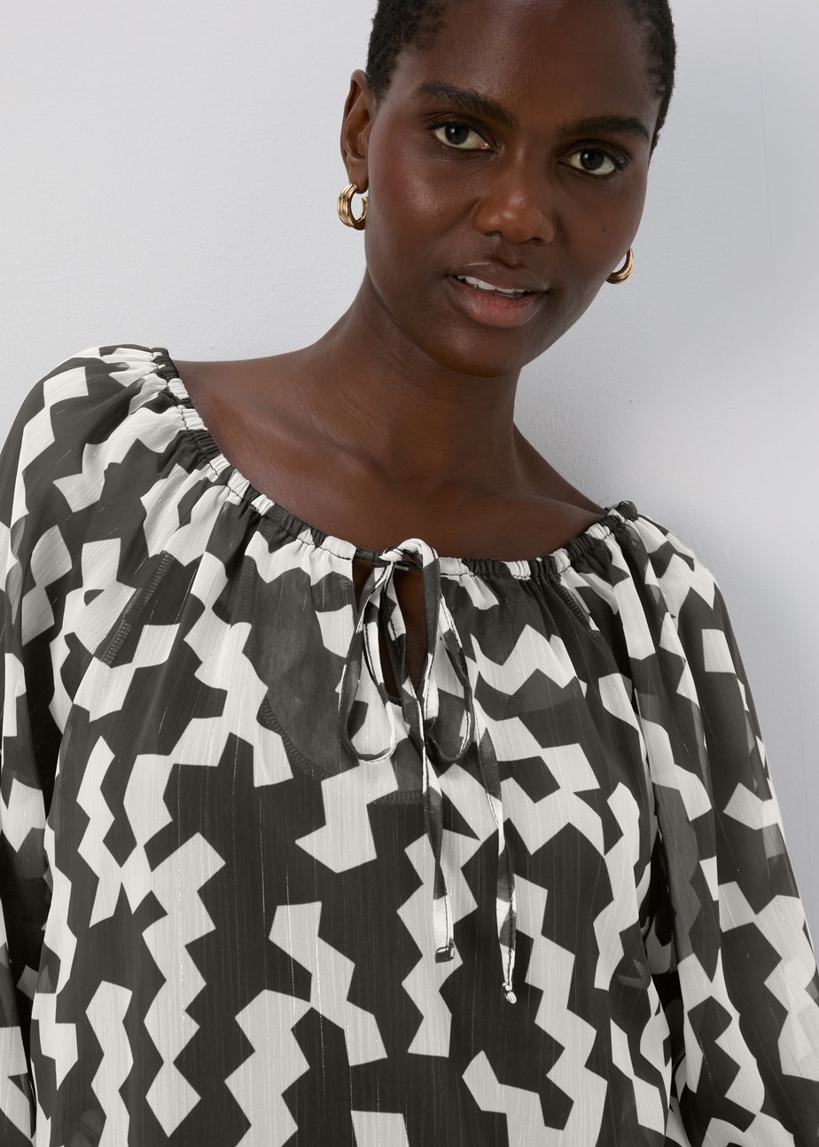 Black & White Lurex Neck Tie Blouse