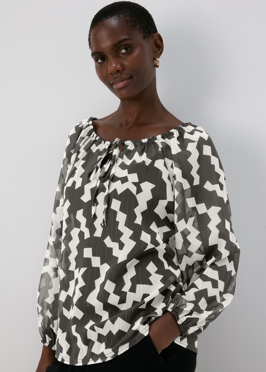Black & White Lurex Neck Tie Blouse