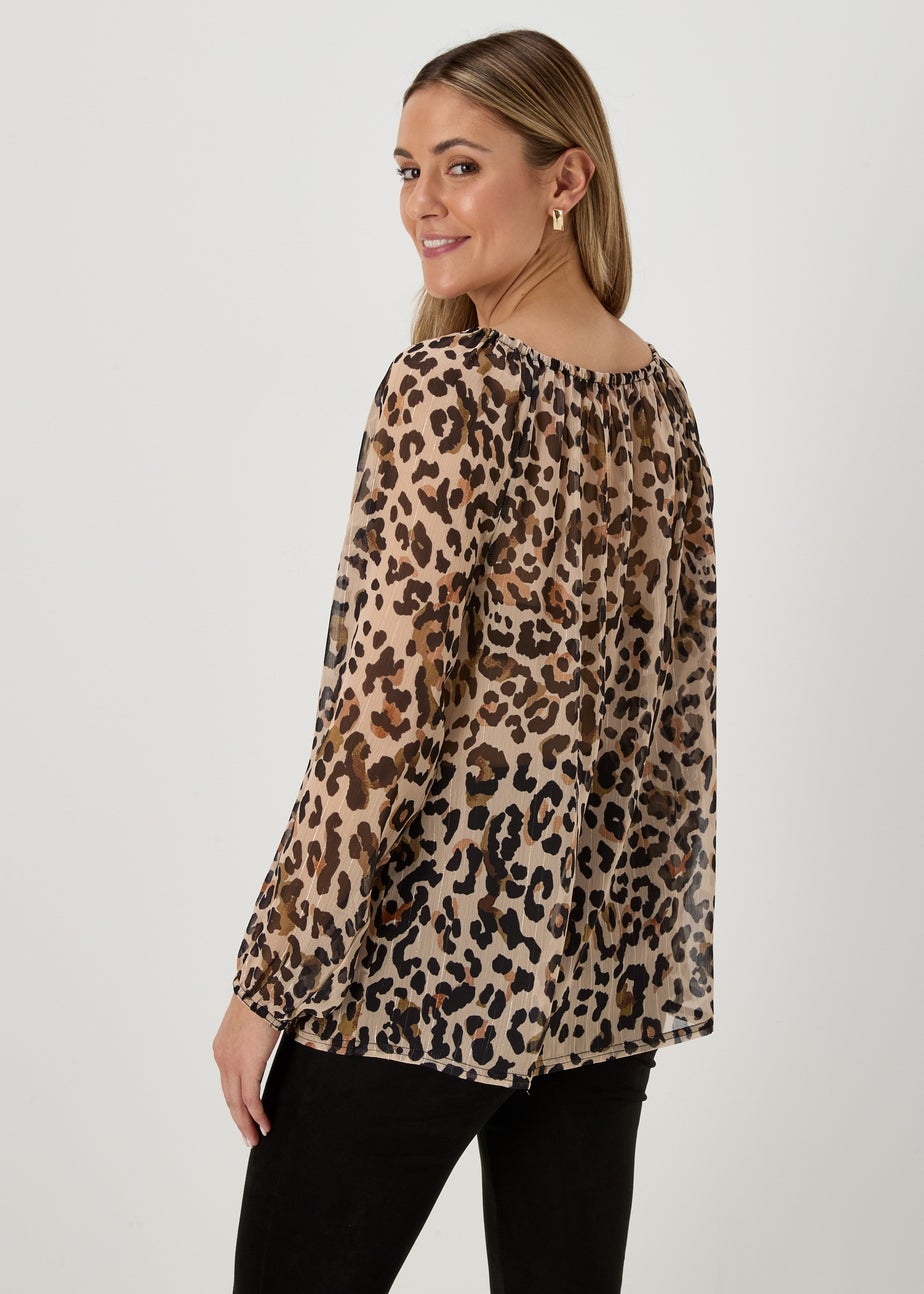 Brown Animal Lurex Neck Tie Blouse