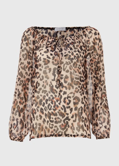 Brown Animal Lurex Neck Tie Blouse