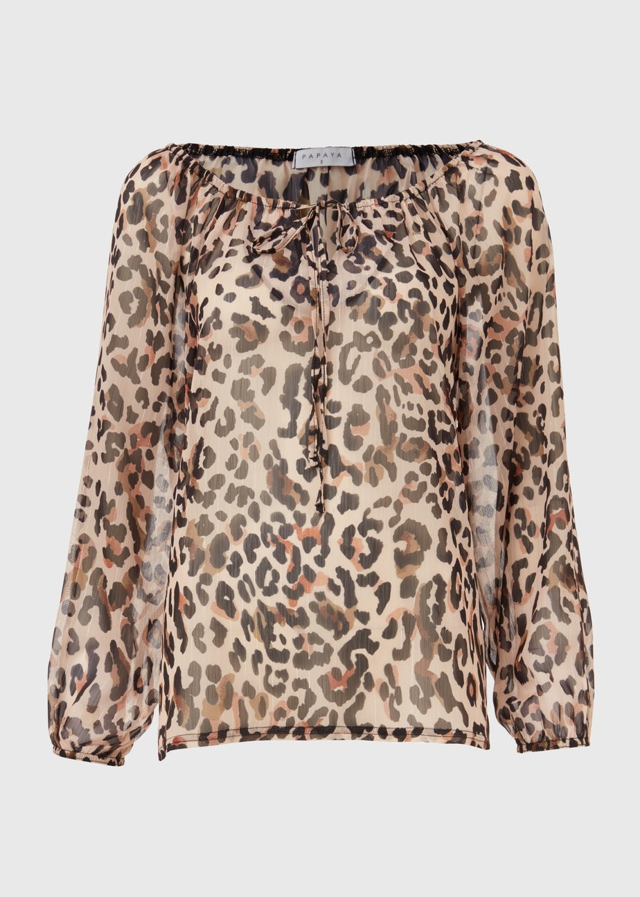 Brown Animal Lurex Neck Tie Blouse