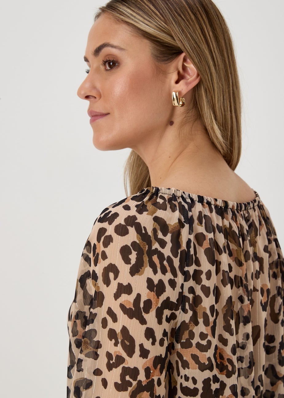 Brown Animal Lurex Neck Tie Blouse