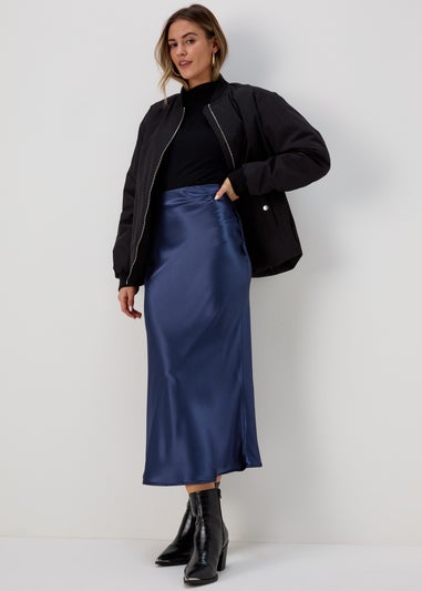 Navy Satin Midi Skirt