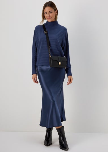 Navy Satin Midi Skirt
