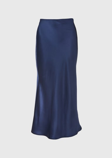 Navy Satin Midi Skirt
