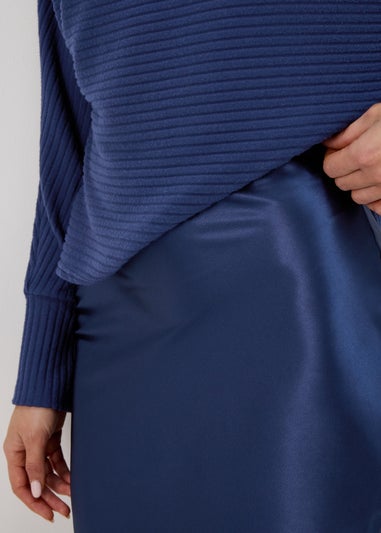 Navy Satin Midi Skirt
