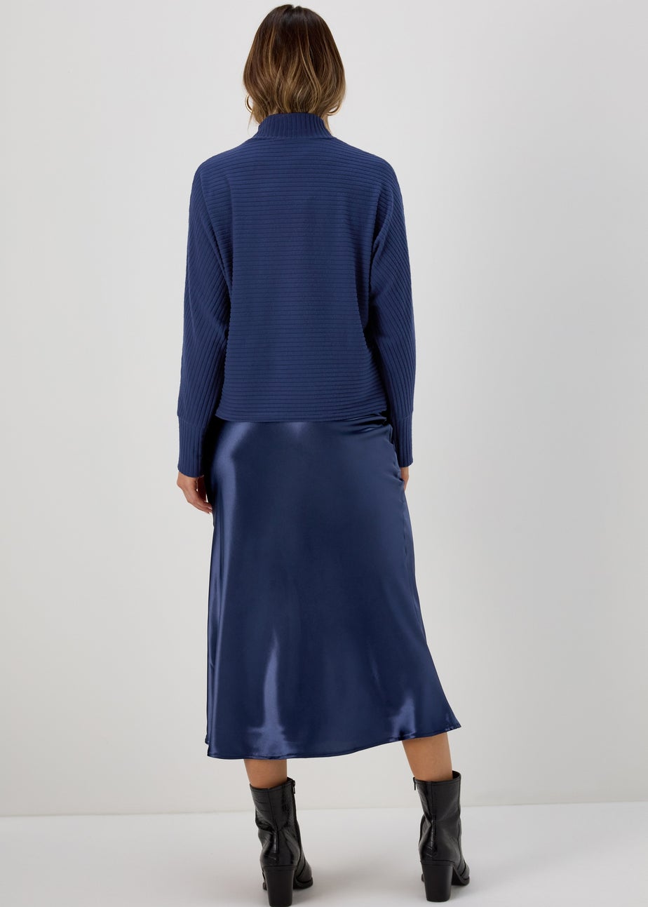 Navy Satin Midi Skirt