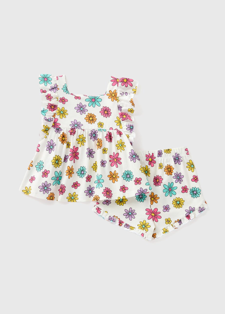 Girls White Floral Print Top & Shorts Set (1-7yrs)
