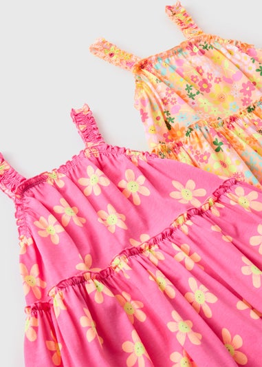 Girls 2 Pack Pink & Orange Floral Jersey Dress (1-7yrs)
