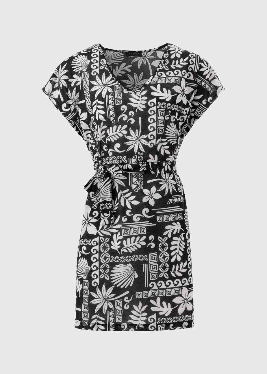 Black Leaf Print Jersey Kaftan