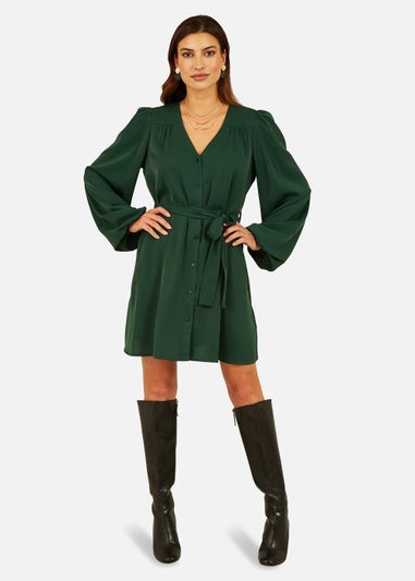 Mela Balloon Sleeve Shirt Dress In Green