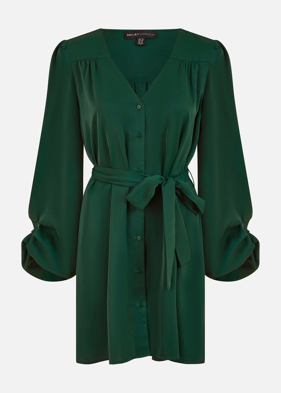 Mela Balloon Sleeve Shirt Dress In Green