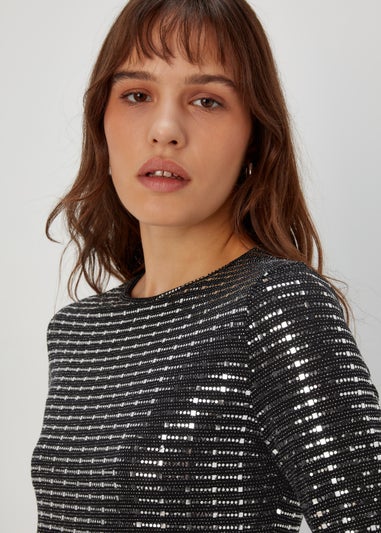 Silver Sequin Column Long Sleeve Midi Dress