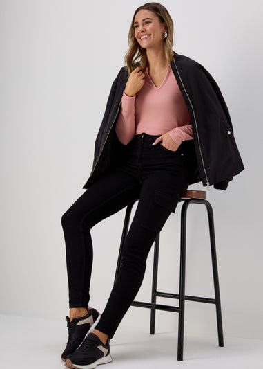 Pink Rib Notch Neck Long Sleeve Top