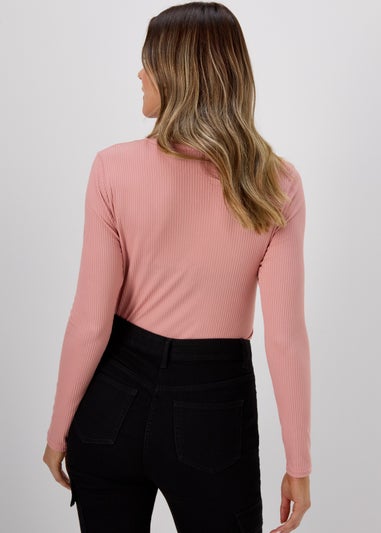 Pink Rib Notch Neck Long Sleeve Top